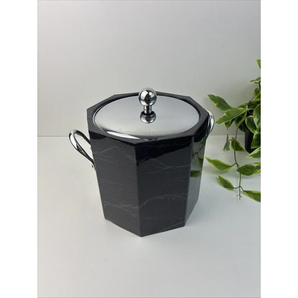 Ice Bucket Vintage 80s Elegance Kraftware Black Marble Silver Lid Handle USA